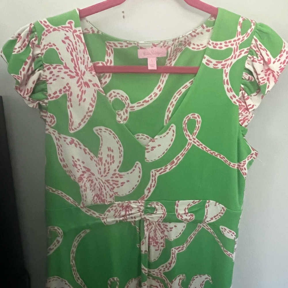 Lilly Pulitzer Bright Green Floral Midi with Pink-White Print